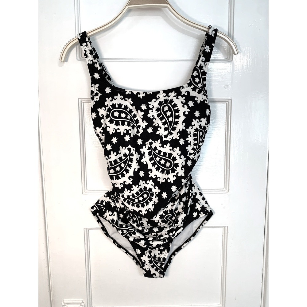 Anne‎ Cole One Piece Swimsuit Black White Paisley Ruched Square Neck Shelf Bra 6